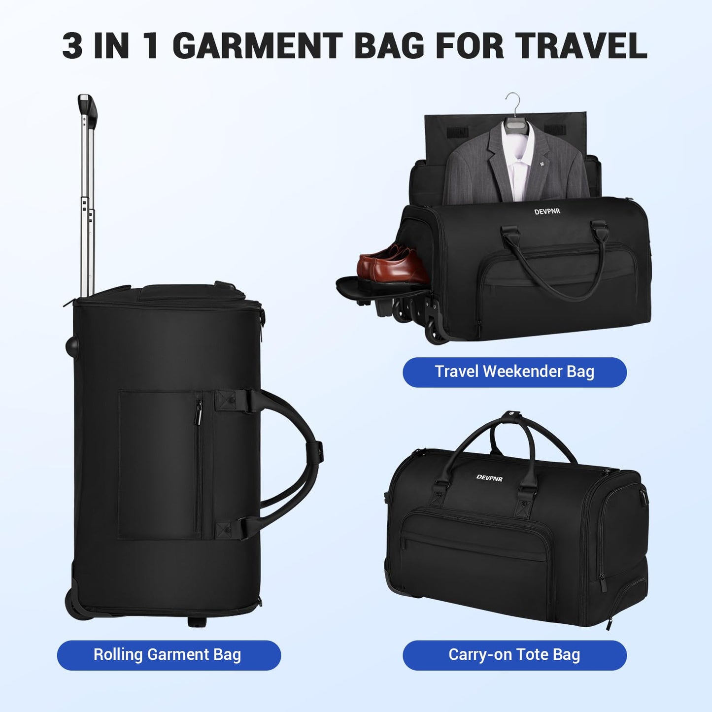 DEVPNR Rolling Garment Bags for Travel, 59L Rolling Duffle Bag with Wheels and Shoe Compartment for Men and Women, 3 in 1 Carry on Convertible Travel Garment Bag with Wheels, Black