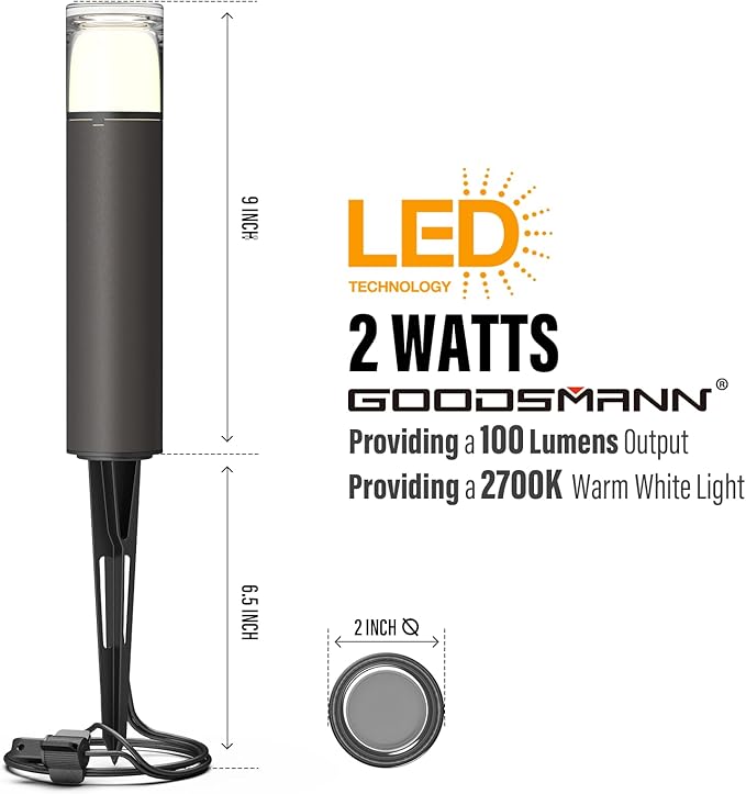 GOODSMANN Low Voltage Bollard Light 2 Watt LED Landscape Lighting 2700K Warm White Weatherproof Pathway Lights Bronze Outdoor Walkway & Sideway & Driveway Round Path Light with Cable Connector