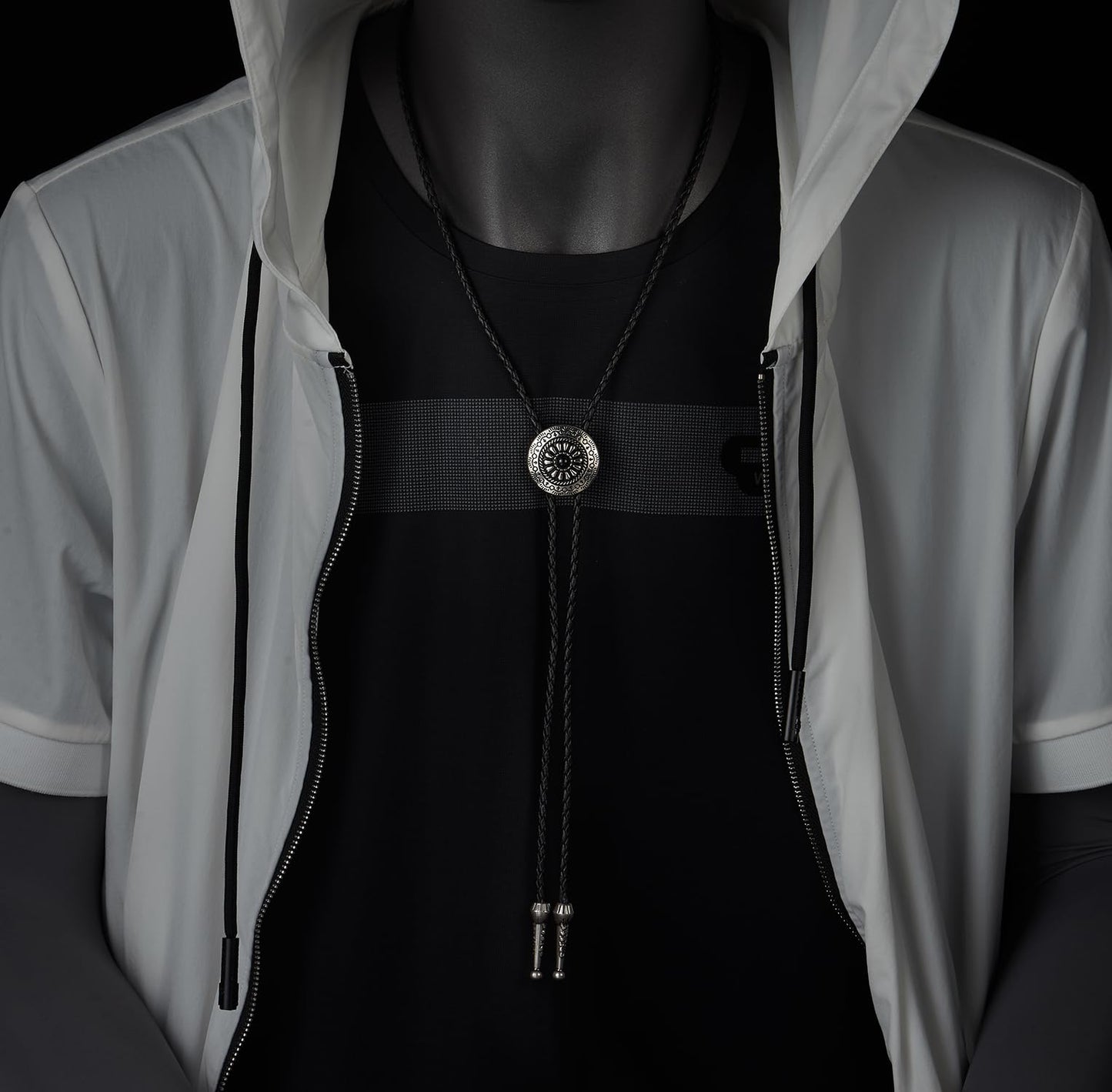 COOLSTEELANDBEYOND Vintage Medallion Sunburst Pattern Bolo Tie Necktie, Lariat Rodeo Y Necklace, Black Braided Leather