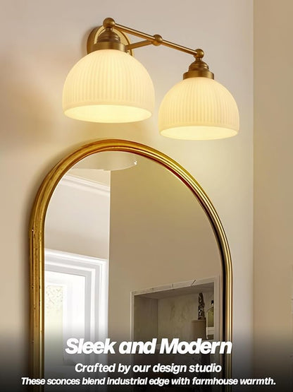 2-Lights Milk White Glass Wall Sconce Lighting Brass Finished, Double Arm Bathroom Vanity Light Fixture for Bedroom Living Room Dining Room Hallway