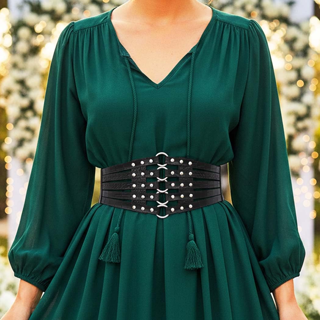 COSYDAYS Hollow Out Rivet Corset Belt Black Wide Elastic Leather Waist Belts Fashion Stretchy Belt Accessories for Women (Black)
