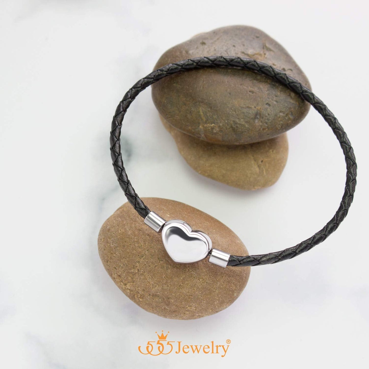 555Jewelry Stainless Steel Heart Charm Bracelet, Black Bracelet for Women, Braided Leather Charm Bracelet, Black Leather Bracelet for Women - Silver Heart, 6.5 Inch