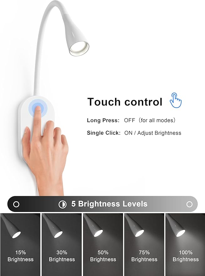 deeloop LED Wall Mount Reading Light for Bed, Reading Lamp with USB Output 5 Brightness Levels Touch Control Book Lights, 4000K Bedside Lamp Flexible Gooseneck, 2 Easy Install Options