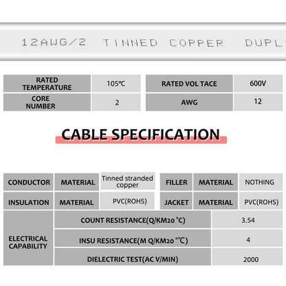 ATXXSCD 12 Gauge 30ft Marine Wire,2 Core Insulated Duplex Marine Grade Wire Tinned Copper Standard Electrical Wire Outdoor for Boat/Maine/Automotive/RV/Camper/Trailer, White