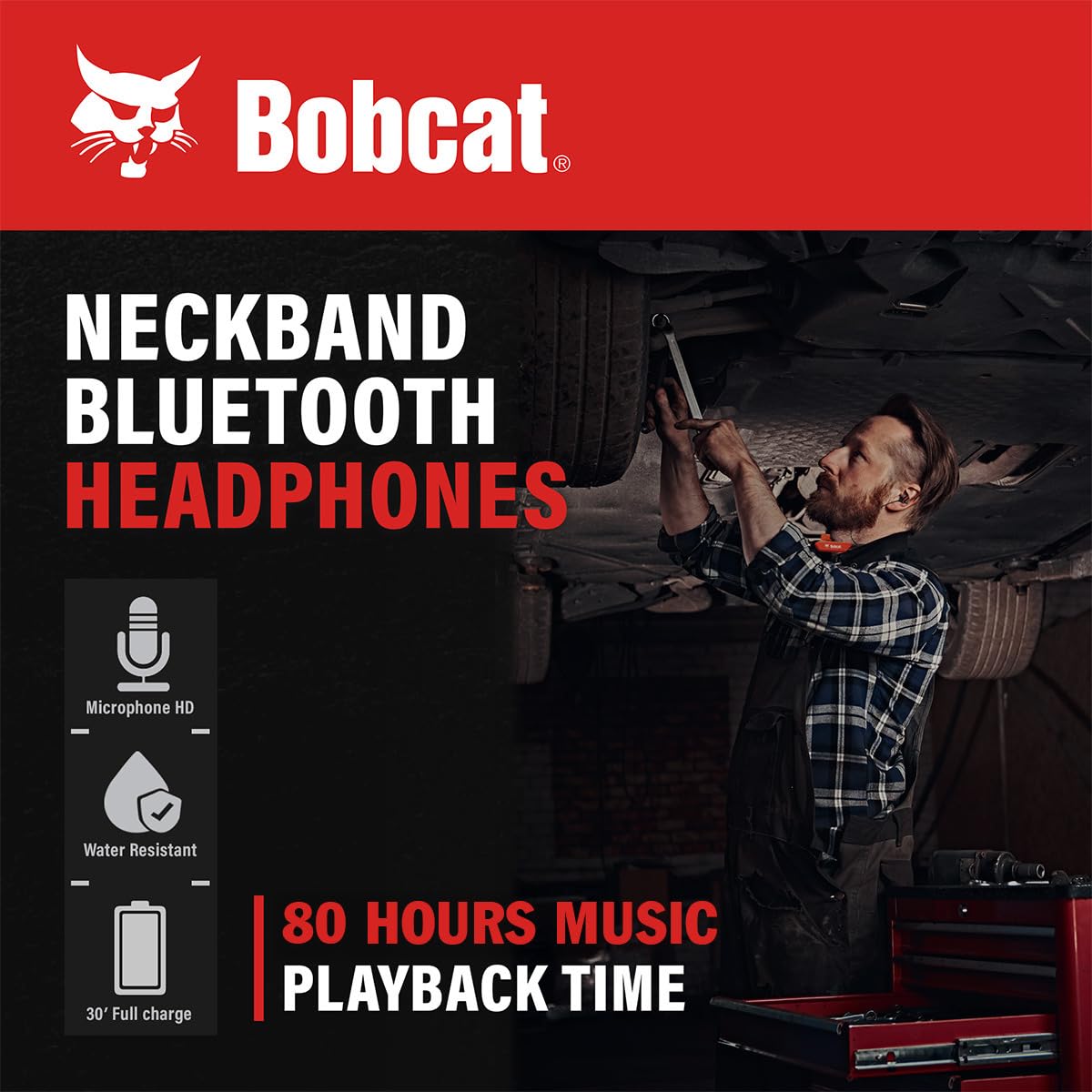 CJ TECH Bobcat Neckband Bluetooth Headphones - Earphones with Microphone, 80H Battery, Fast Charging - IPX4 Sweatproof Sports Headphones for Running, Jobsite, Gym, and Workout