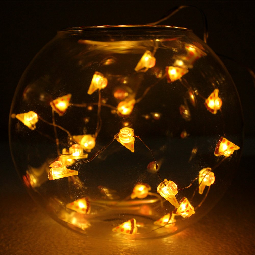 MUMENG String Light LED Pizza Shape 20 LEDs Silver Wire Warm White Battery Power Indoor Fairy String Lights for Home, Business Decor,Restaurant,Dining Room