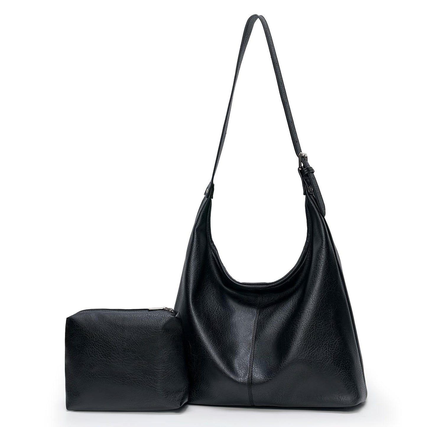 Hobo Bag for Women, Soft Vegan Leather Slouchy Shoulder Tote Purse with Matching Pouch, Adjustable Strap & Magnetic Closure Black