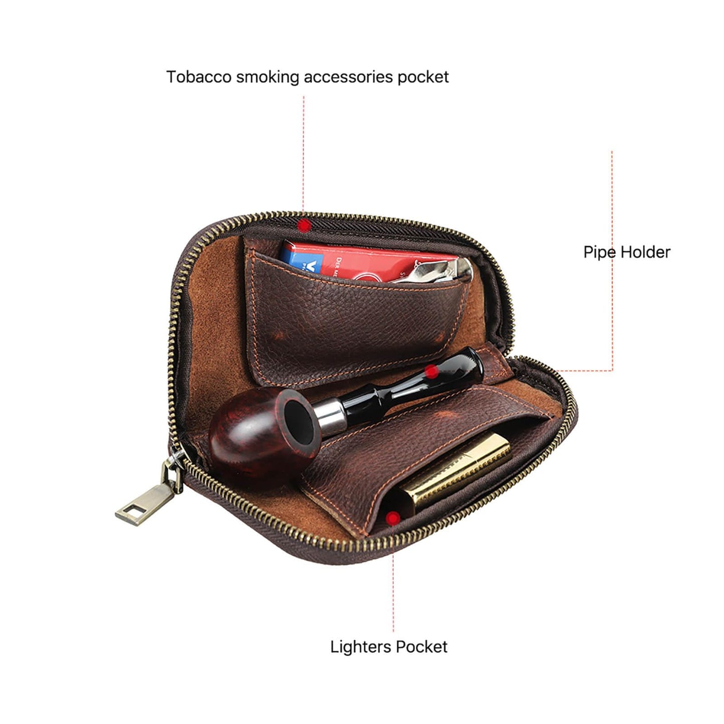 Hiram Handcrafted Pipe Tobacco Pouch, Full Grain Embossed Leather Smoking Pipe Storage Organizer Portable Accessories Tobacco Pouch and Lighter
