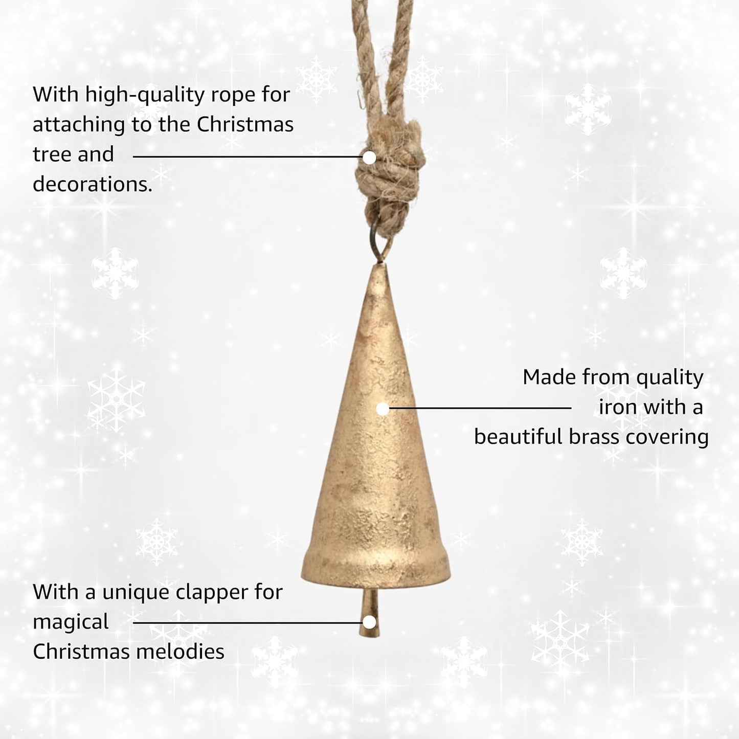 Christmas Bells for Decoration –Set of 6 Rustic Cow Bells for Hanging with Jute Rope – Gold Bells for Crafts - Tree Decoration Ornaments