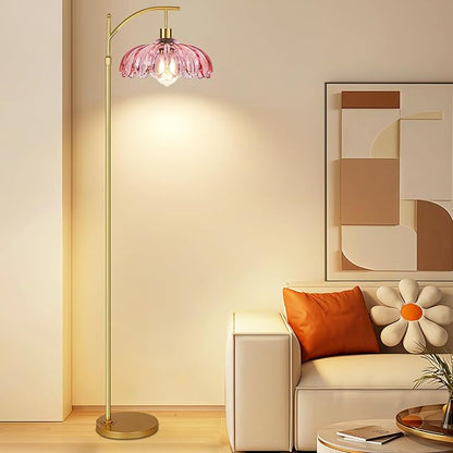 Floor Lamp for Living Room,Bedroom,Gold Dimmable Standing Lamp with Remote,Mid Century Modern Brass Tall Lamp Retro Vintage Pink Glass Lamp Floor Light Boho Bohemian