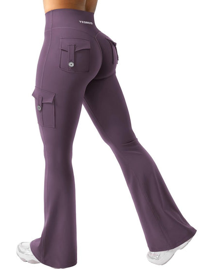 YEOREO CoreFlex Women Workout Flare Leggings with Pockets Hidden Scrunch Cargo Gym Yoga No Front Seam Leggings Black Berry Purple M