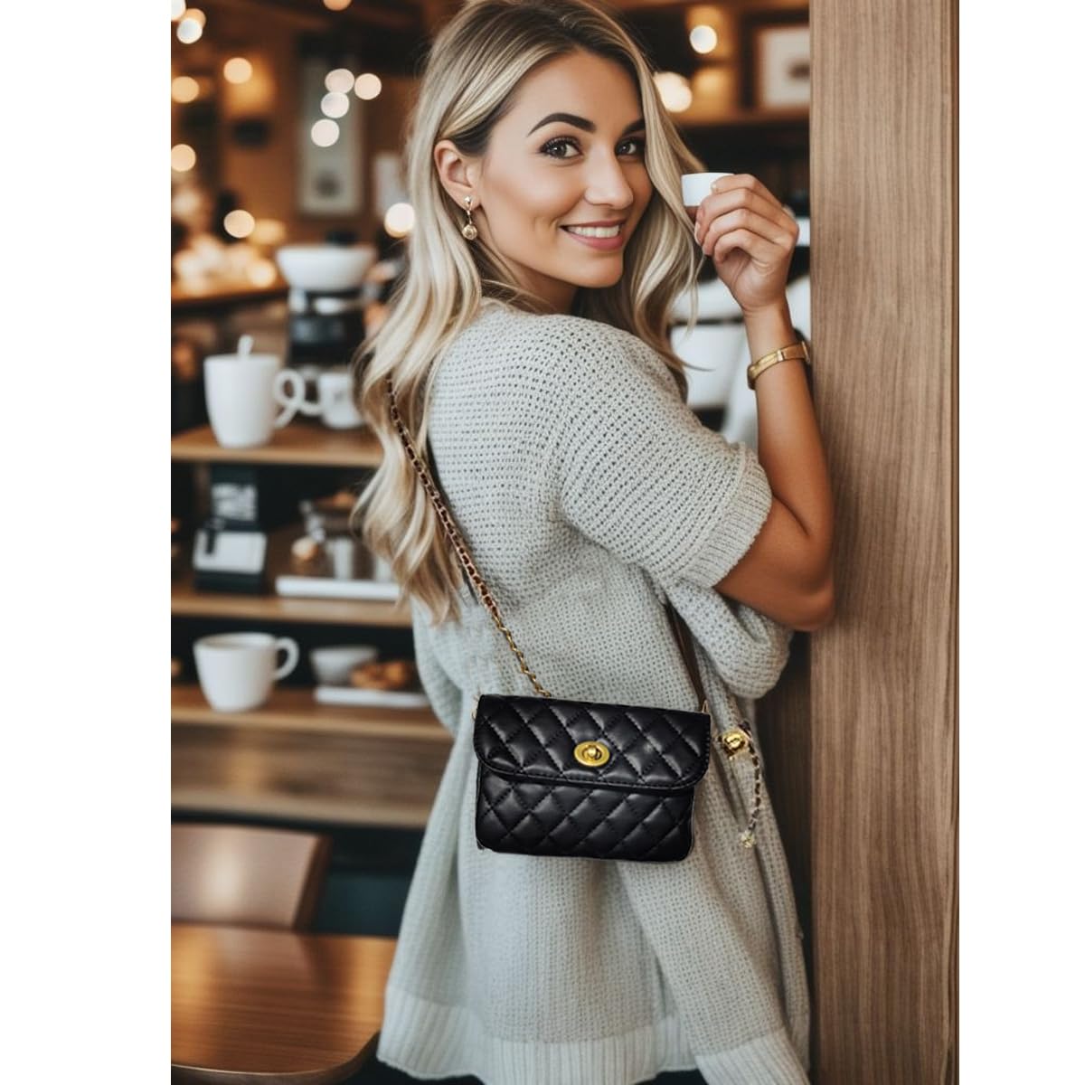 Larswon Chain Belt Bag for Women, Synthetic Leather Belt Purse Chain Purse Mini Goth Fanny Pack Fashion Waist Packs Detachable Small