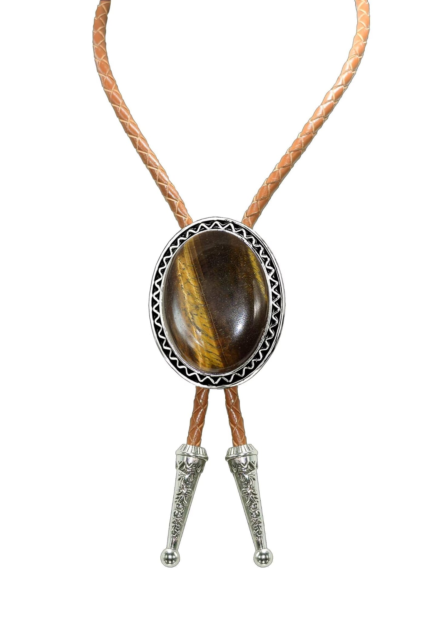 Moranse Bolo Tie with Natural Tiger Eye Stone Celtic Style Genuine and Colored Cowhide Rope