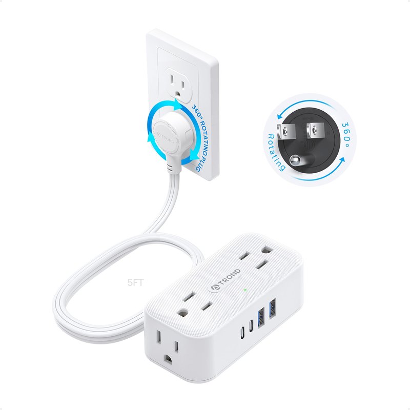 TROND 360° Rotating Flat Plug Power Strip, 5FT Extension Cord with 4 USB Ports, 4 Wide Spaced AC Outlets, Wall Mount, 900J Surge Protector for Office Travel Dorm Room Essentials, White