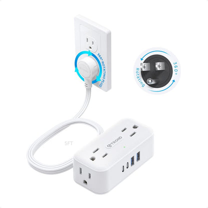 TROND 360° Rotating Flat Plug Power Strip, 5FT Extension Cord with 4 USB Ports, 4 Wide Spaced AC Outlets, Wall Mount, 900J Surge Protector for Office Travel Dorm Room Essentials, White