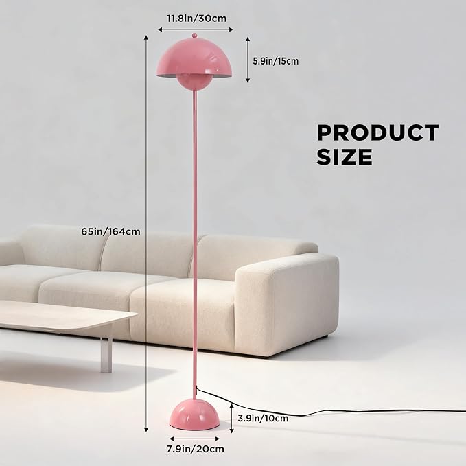 SUNLLOK Flower Pot Floor Lamp for Living Room, Metal Dome Lampshade Standing Floor Lamp with Foot Switch, Modern Reading Floor Light Fixture for Kitchen Island, Bedroom, Restaurant (Pink)