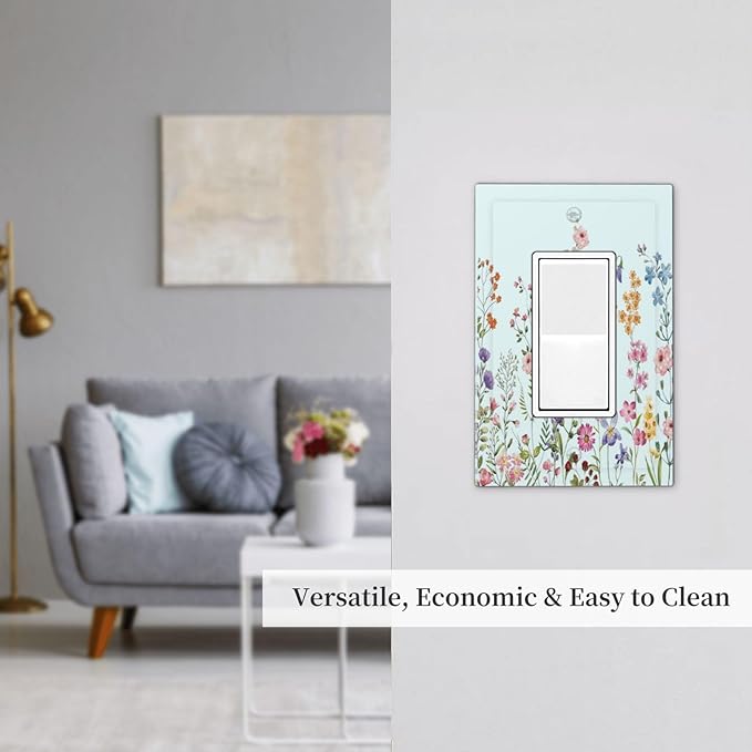 Rustic Wild Floral Vintage Blue Watercolor Flower 1 Gang Rocker Light Switch Covers Decorative Unique Single Decora Outlet Wall Plate Faceplate Switchplate GFCI for Bedroom Decor