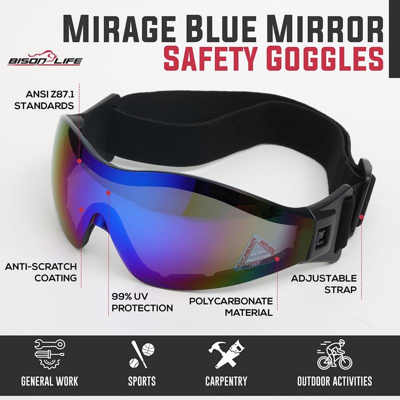 Mirage Vented Safety Goggles - UV Protection Eye Gear for Outdoor Activities | Blue Mirror, Adjustable Band, Dustproof