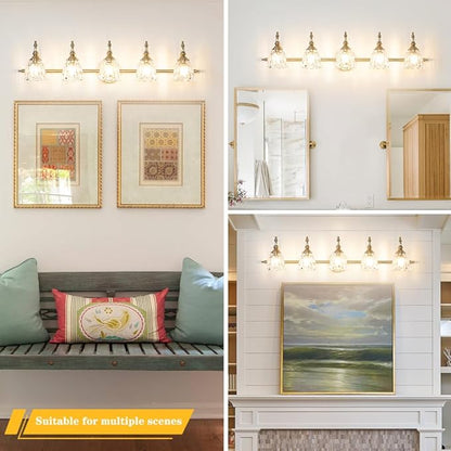 5 Lights Brass Gold Bathroom Light Fixtures, Antique Vanity Light with Flower Glass Shade, Bathroom Vanity Light Over Mirror, Farmhouse Sconces Wall Lighting for Hallway Livingroom Bedroom