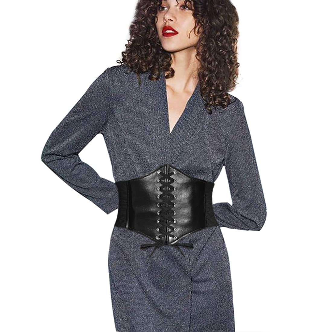 YooAi Leather Corset Belt for Women - Lace-up Elastic Waist Retro Wide Cinch Waistband for Dresses - Black 75cm