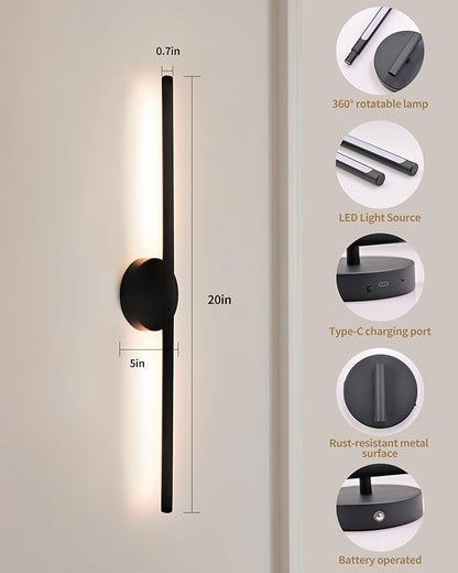 Wireless Wall Sconces Set of 2 Linear，20Inch Battery Operated Wall Lights with Remote Control，360°Rotate Dimmable Wall Lamps for Living Room, Bedroom and Hallway (Black)