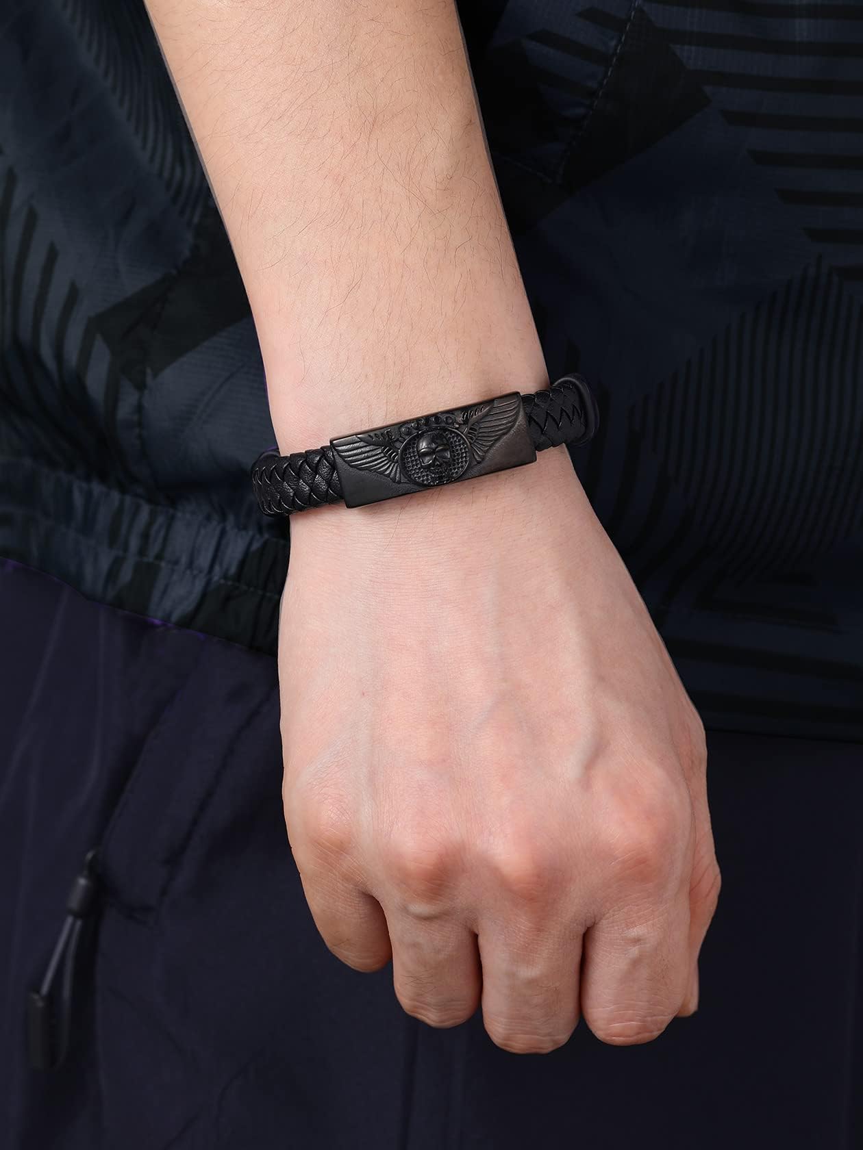 ChainsHouse Mens Braided Leather Black Bracelets Bangles, Wing Skull Bracelet for Dad Husband, 23cm