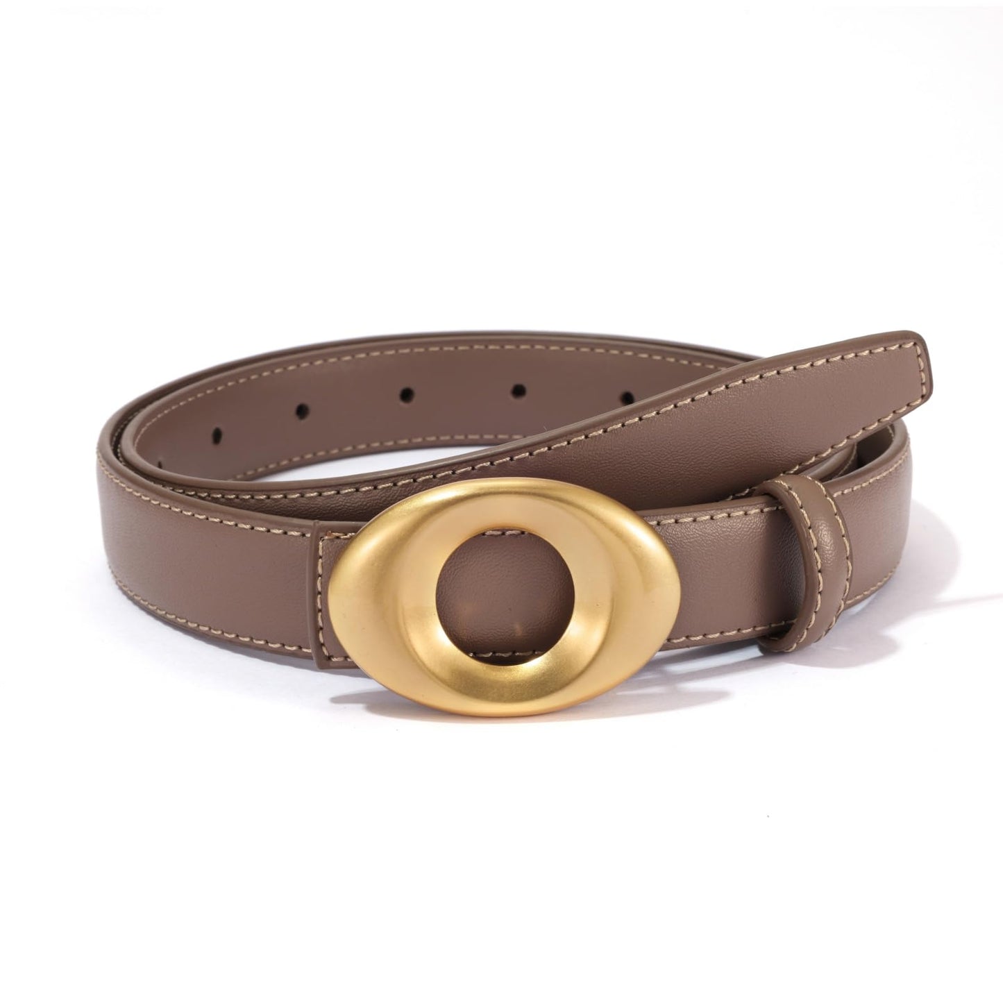 KONQUWA Women's Elegant Casual Genuine Leather Belt with Matte Oval Vintage Gold Buckle for Jeans Pants Dresses (Khaki/Vintage Gold Buckle,30″-39″)