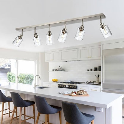 6 Light VINLUZ Bathroom Light Fixtures Classic Vanity Lighting Black Multi-Directional Rotating Metal Ceiling Spotlight with Adjustable Track Heads with Clear Shade