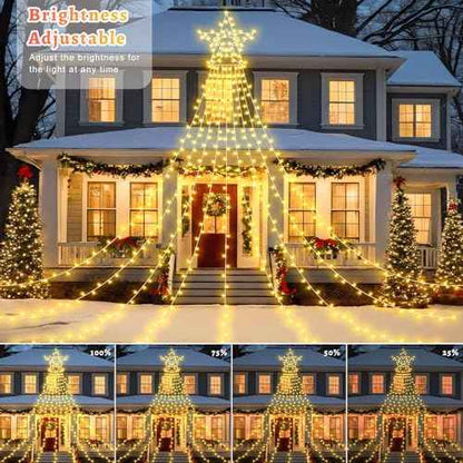 23FT 714 LED Christmas Decoration Lights Outdoor, 8 Modes Waterfall Star String Lights with Waterproof Timer, Dimmable Waterfall Tree Lights for Indoor Roof Patio Holiday Party, Warm White