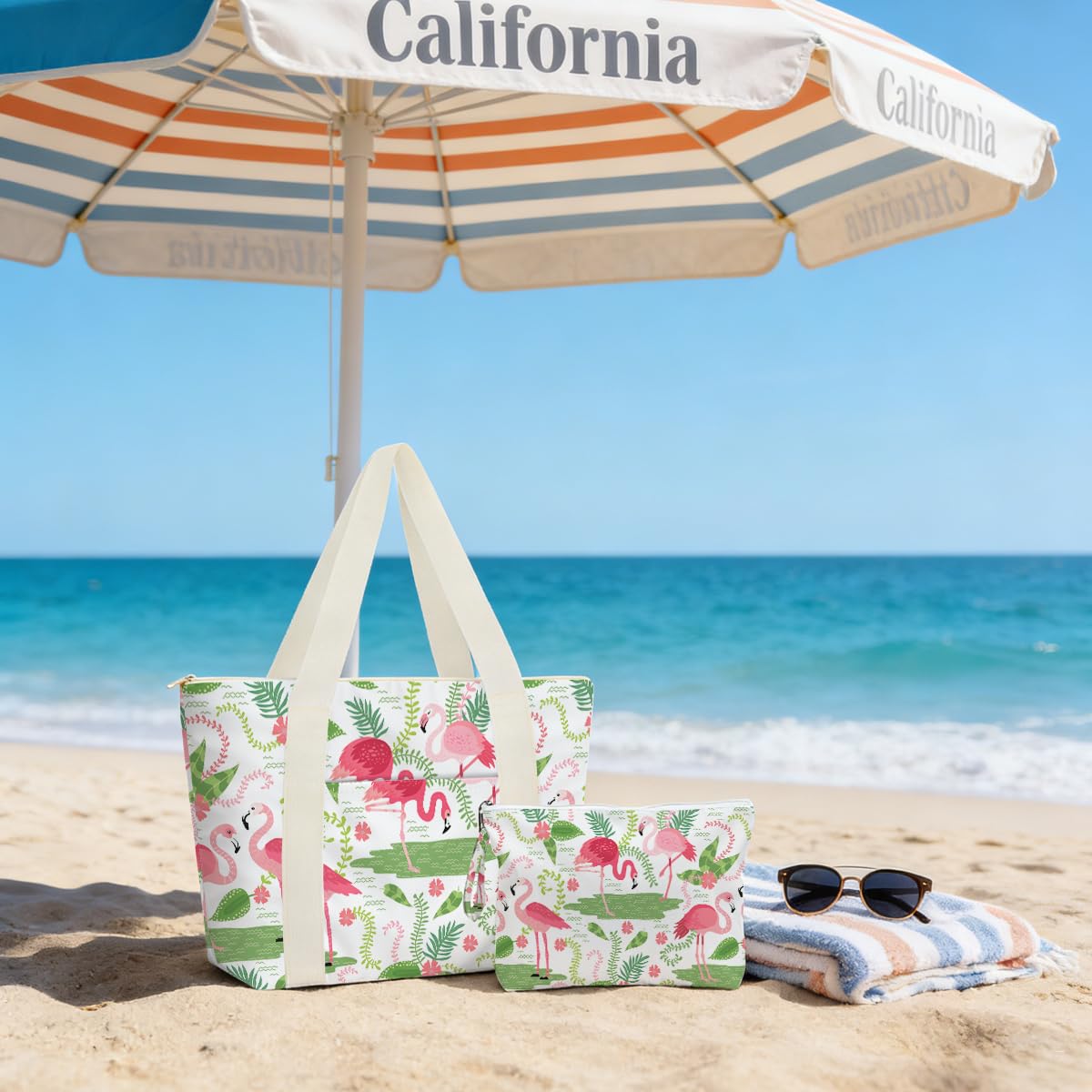 IAXIC Tote Bag & Wet Bag Set, Waterproof Multi-purpose Storage Kit with Summer Themed Print, Practical Gift for Daily Travel Beach Gym Organizing