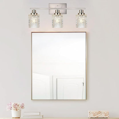 MELUCEE 3 Lights Bathroom Light Fixtures Brushed Nickel Modern Vanity Lights Indoor Wall Mounted Light with Hammered Glass Shade Suitable for Bathroom Living Room Hallway