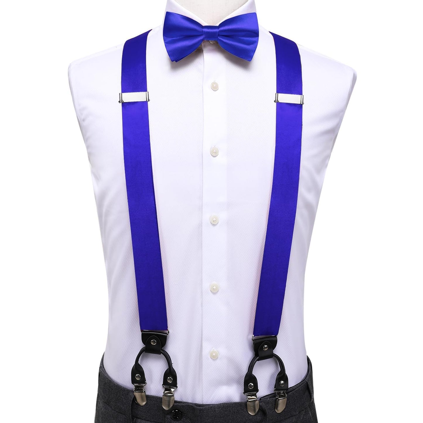 Hi-Tie Royal Blue Satin Suspender Bowtie Set for Men Suspenders Pre-tied Bow Tie Pocket Square Cufflinks Adjustable Y Shape 6 Clips Braces Tuxedo