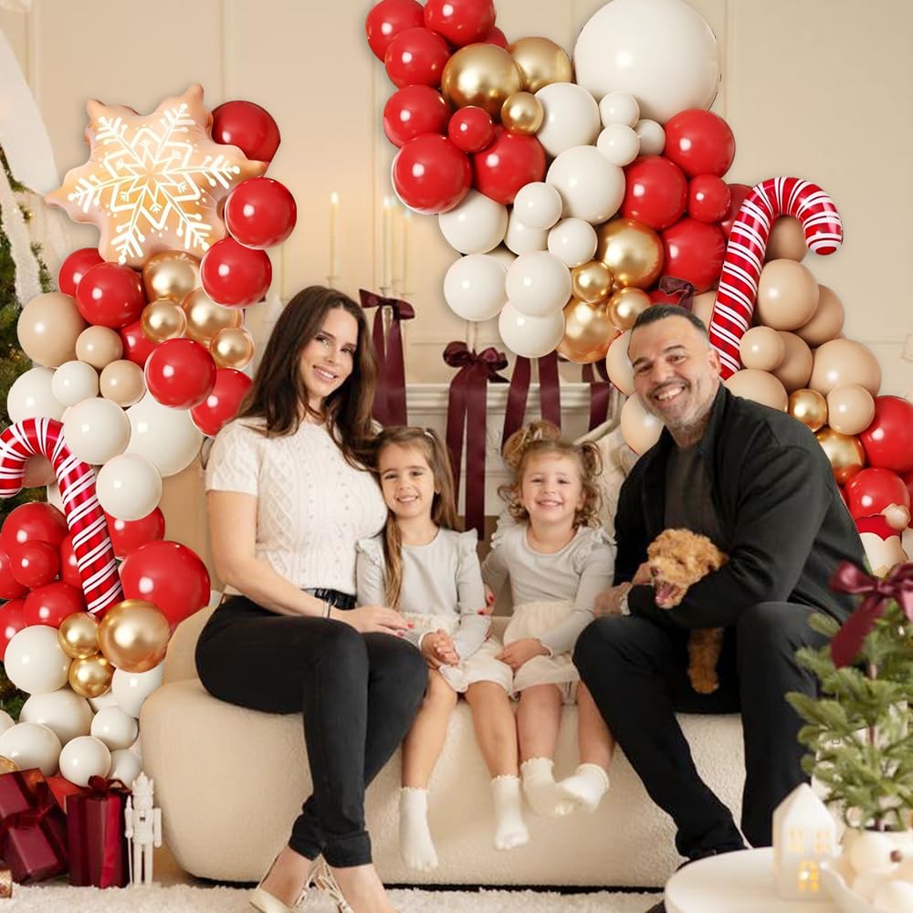 135Pcs Christmas Balloon Garland Arch Kit, Red White Metallic Gold Latex Balloons with Gingerbread Candy Cane Snowflake Foil Balloons for Christmas New Year Winter Holiday Birthday Party Decorations