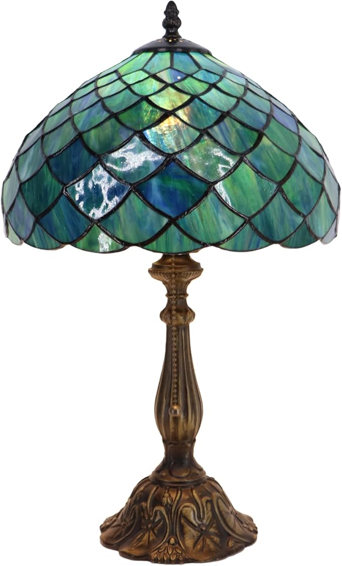 Tiffany Lamp Stained Glass Table Lamp Bedside Reading Light W12H19 Inches (Fishscale Style)