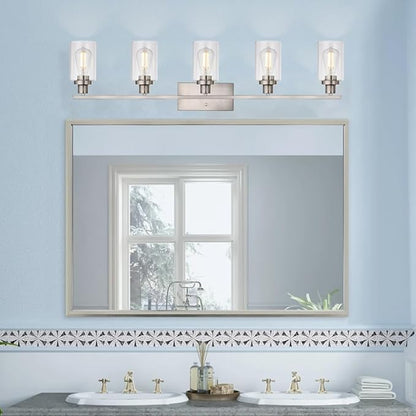 MELUCEE 5-Light Bathroom Vanity Light Brushed Nickel Wall Sconce Modern Light Fixtures Wall Mount with Clear Glass Shade for Porch Bedroom Hallway Kitchen (Patent No.: US D963914 S)