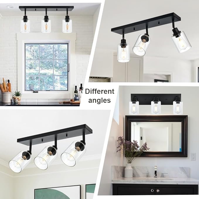 VINLUZ 3 Light Metal Bathroom Lighting in Black Finish Interior Wall Mounted Lights Multi-Directional Rotating Metal Ceiling Mount Fixture with Clear Glass Industrial Spotlight for Kitchen Foyer