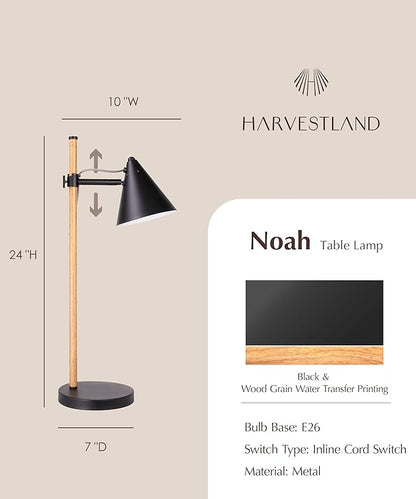 HarvestLand Noah Black Desk Lamp – Adjustable Architect Desk Lamp, Industrial Table Lamp with Solid Base for Living Room, Bedside Table, Home Office and Bedside Reading