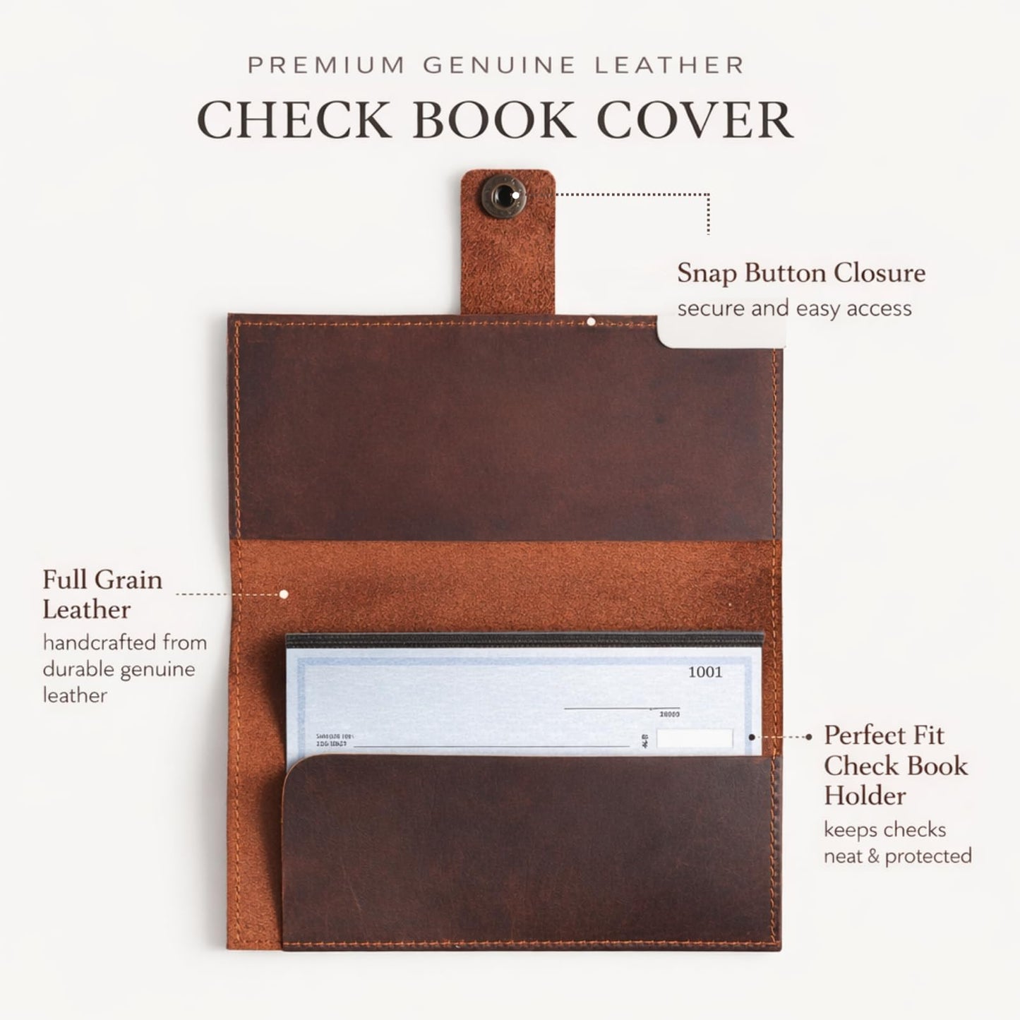 Brown Leather Checkbook Cover for Men & Women, Full Grain Check Book Wallet with Pen Holder, Fits Personal & Duplicate Checks, Slim Money Organizer Case, Durable Leather Checkbook Holder 7x3.75 Inches