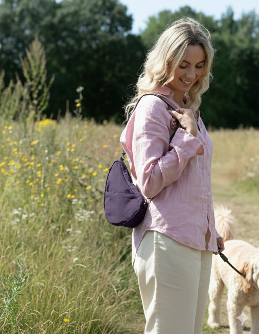 AmeriBag 10" Healthy Back Bag Nylon Ergonomic Crossbody Sling Baglett for Everyday Use, Travel & Walking Comfort (Amethyst)