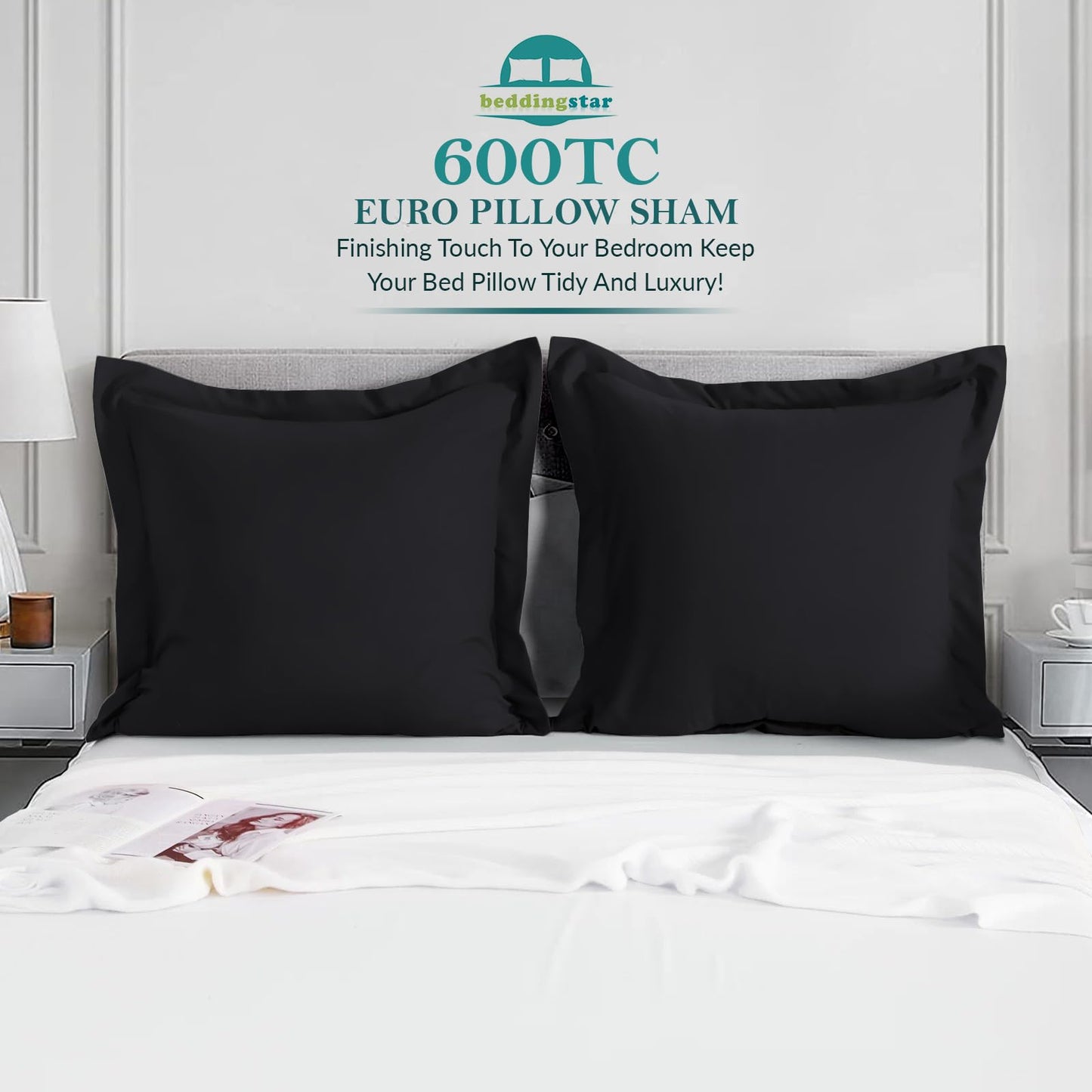 Euro Sham Covers 26x26 Set of 2 Black 600 Thread Count 100% Egyptian Cotton Pack of 2 Euro 26x26 Pillow Covers Cushion Cover Cases Soft Skin Friendly European Size Decorative Square Pillow Shams