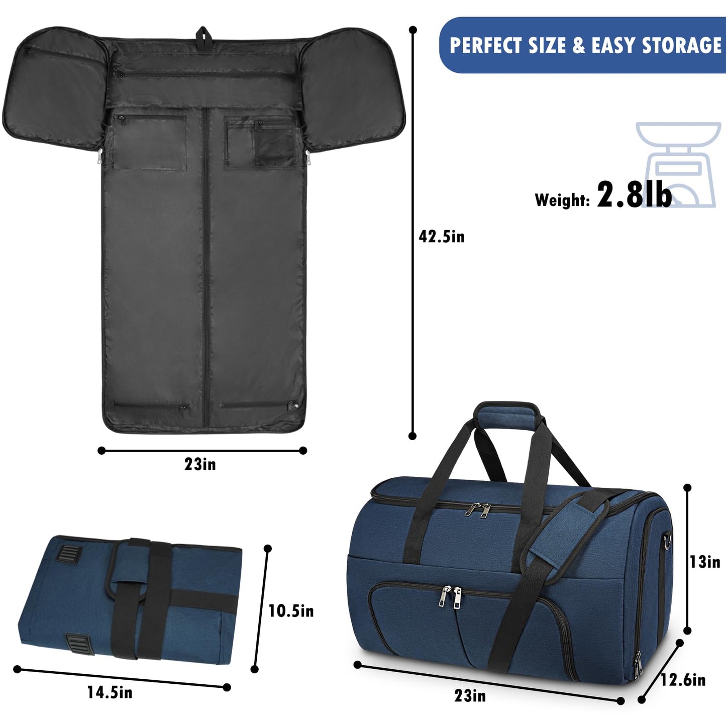 Pucuwu Garment Bags for Travel - Large Suit Bag for Men Carry On Garment Bag, Convertible Garment Duffle Bag with Shoes Compartment, 2 in 1 Hanging Dress Suitcase Suit Travel Bags (Dark Blue)