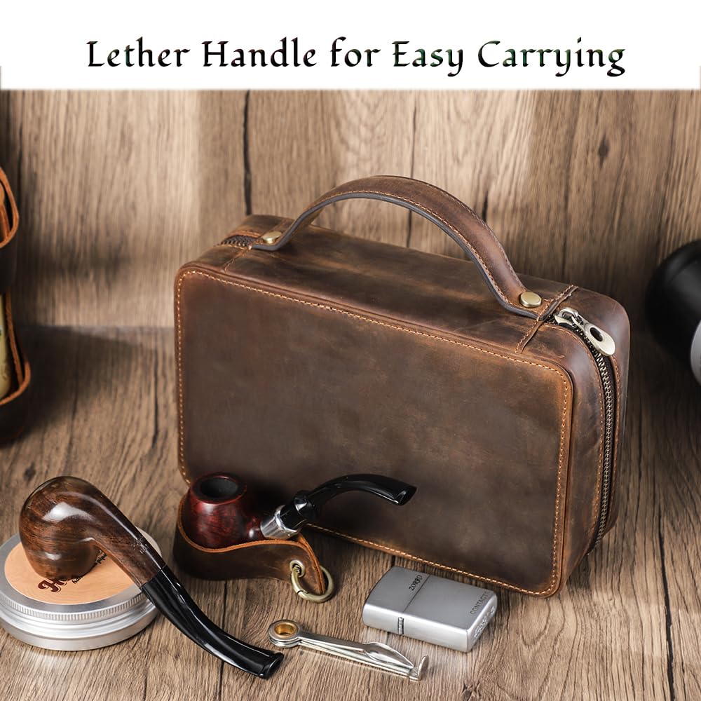 CONTACTS Pipe Tobacco Pouch with Pipe Stand Full Grain Leather Tobacco Pipe Accessories Bag Handmade Travel Organizer for 2 Pipes, Lighter, Cigarette