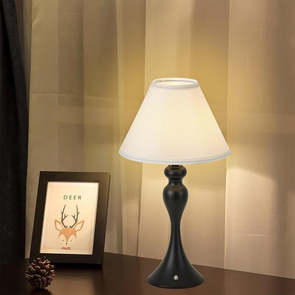Cordless Bedside Lamp for Living Room, Table Lamp for Bedroom, 3-Way Dimmable Nightstand Lamp with Fabric Shade, Rechargeable Touch Led Desk Lamp Battery Operated Lamp for Dorm, Home Office (Black)