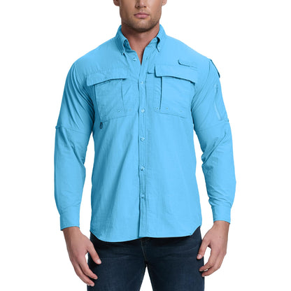 Riverruns UPF 50+ Men's Fishing Shirts Long Sleeve UV Protection Shirts Water-Repellent for Hiking, Fishing, Camping (Blue,Large)
