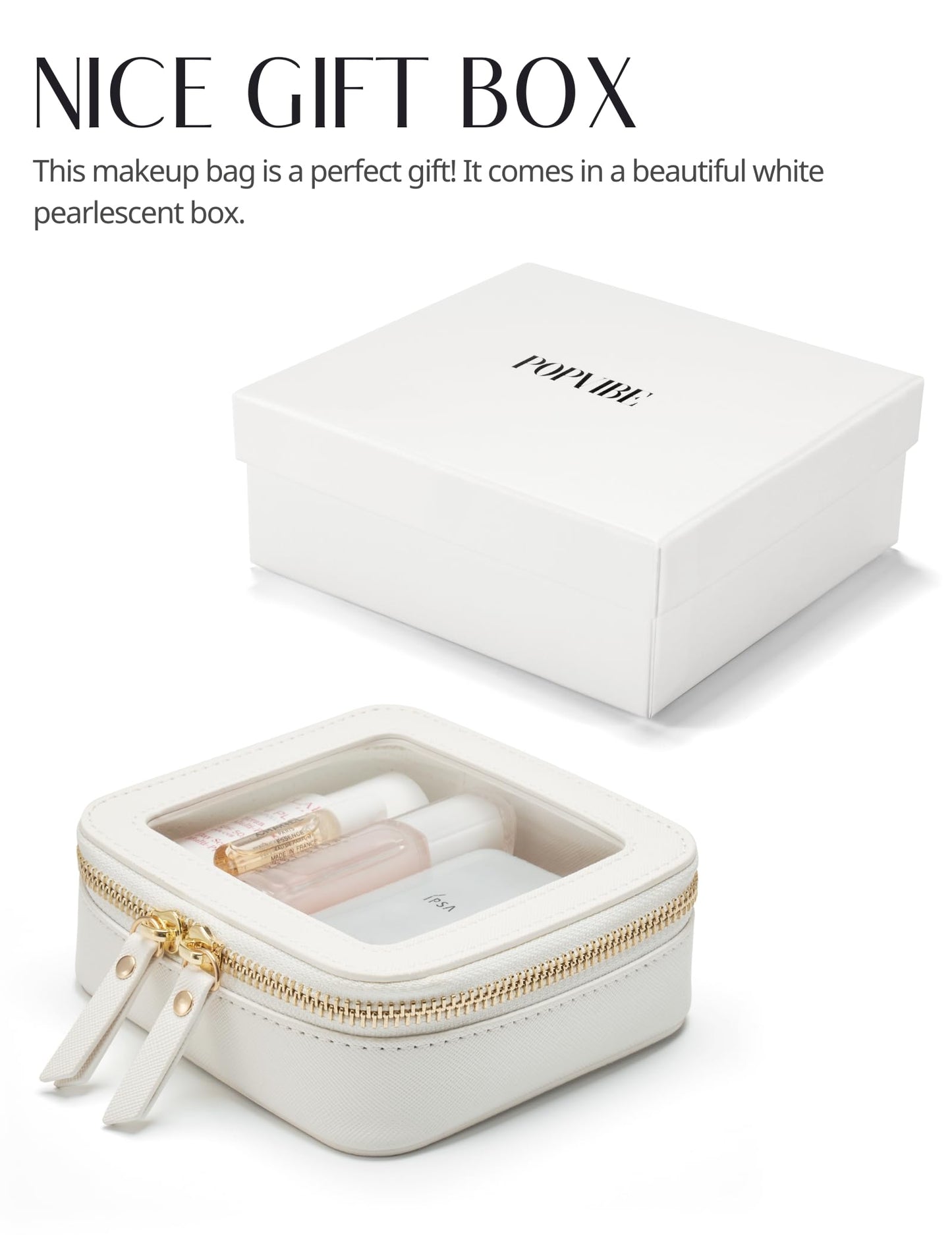Small Cosmetic Bag for Purse Mini Makeup Bag for School Cute Clear Make Up Pouch for Travel Tiny Leather White Make Up Organizer Case for Backpack Toiletry Bag Waterproof Square Pouch with Zipper