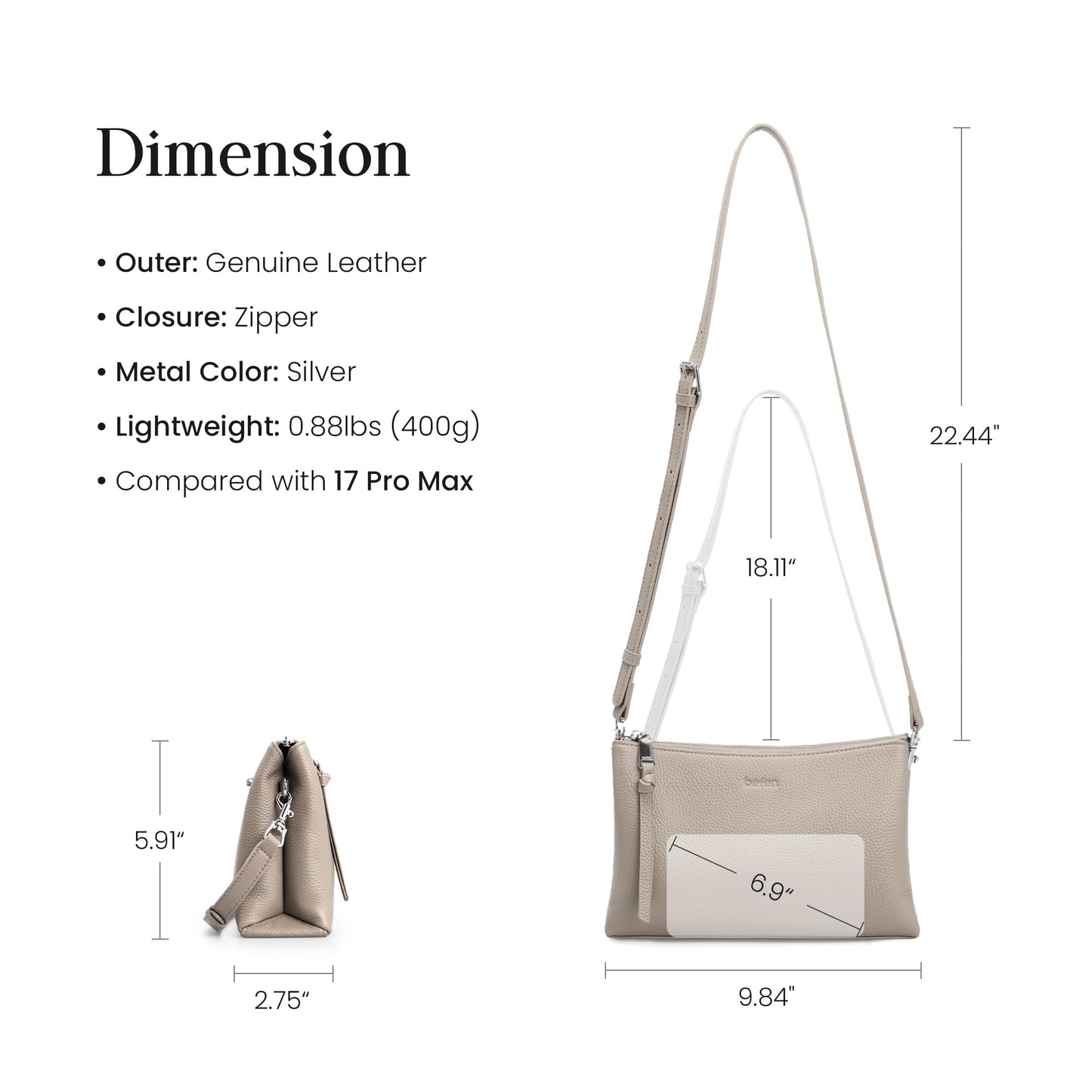 befen Soft Leather Cross Shoulder Bags for Women, Small Crossbody Purse for Women with RFID Card Slots for Travel - Beige Grey
