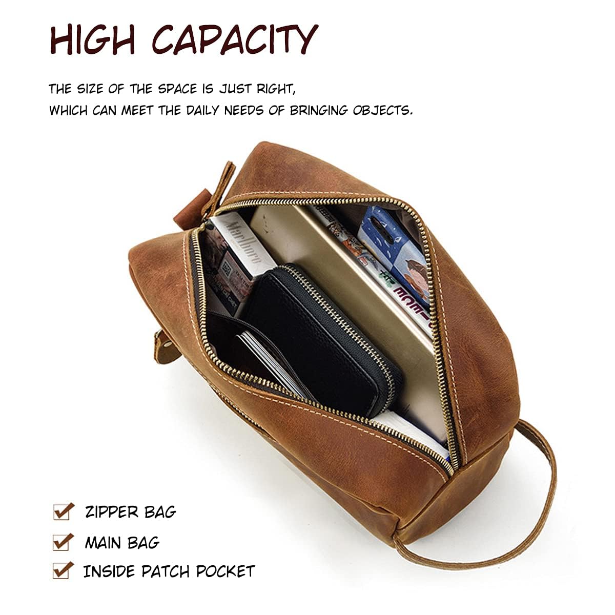 Toiletry Bag for Men or Women, Full Grain Leather Handcrafted Dopp Kit, Vintage Travel Leather Toiletry Travel Pouch, Large Cosmetic Bathroom Travel Shaving Bag, Fully Lined with Cotton Fabric