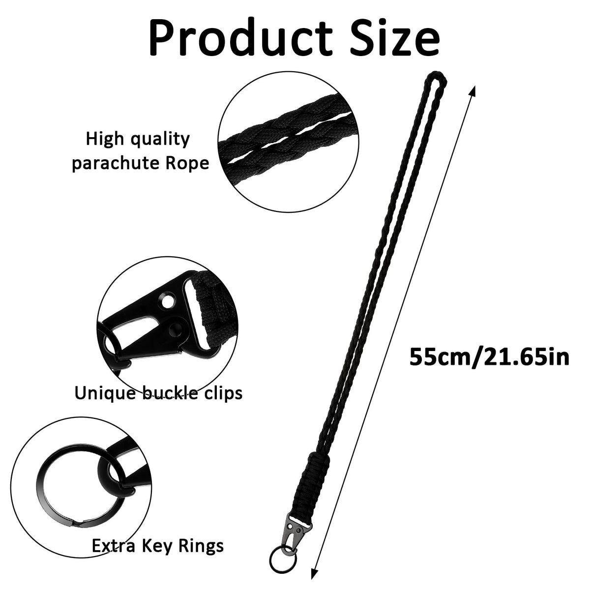 Gjinxi Paracord Lanyard Heavy Duty Braided Paracord Lanyards Keychain Lanyard Adventure Key Chains Men Nylon Rope for Necklace Keyring ID Card Badge Holder Camera Wall (Black)