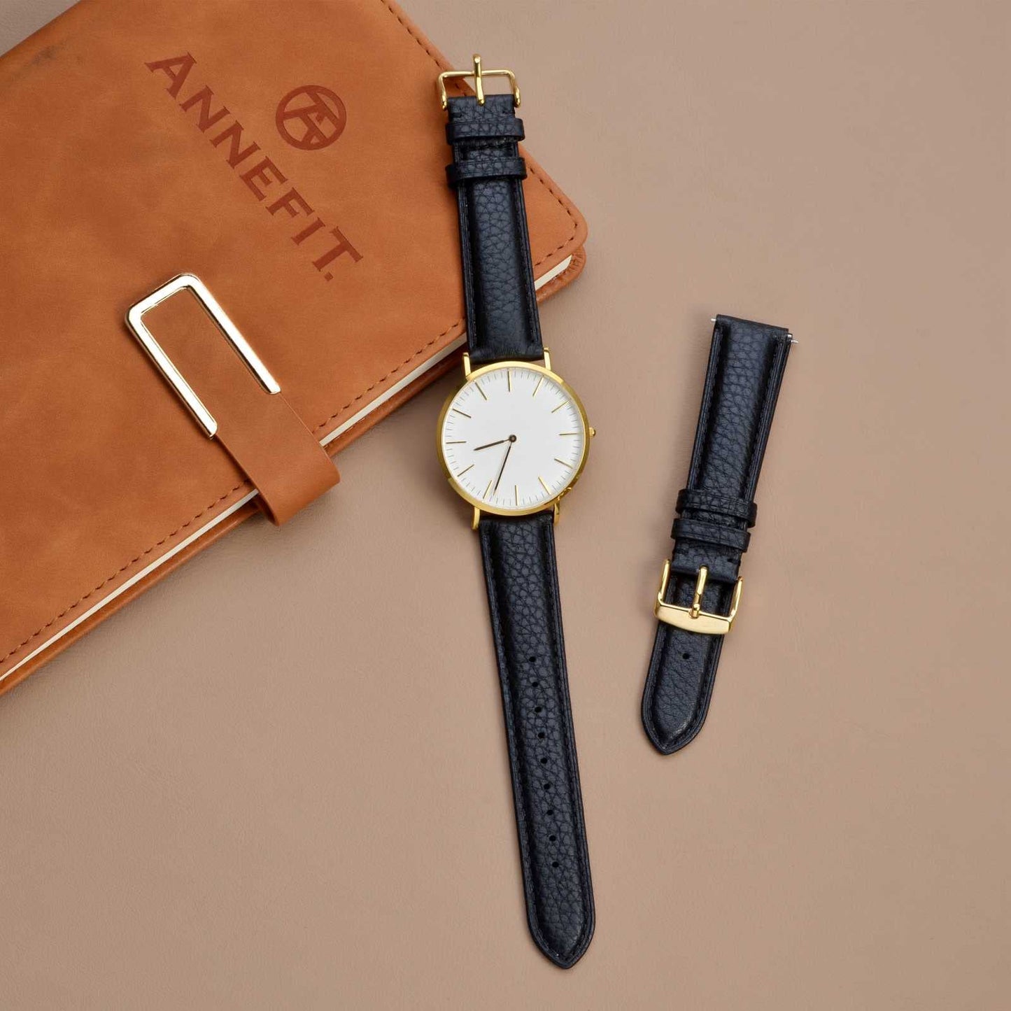 ANNEFIT Watch Band 18mm, Quick Release Textured Padded Leather Straps with Gold Buckle for Men and Women (Black)