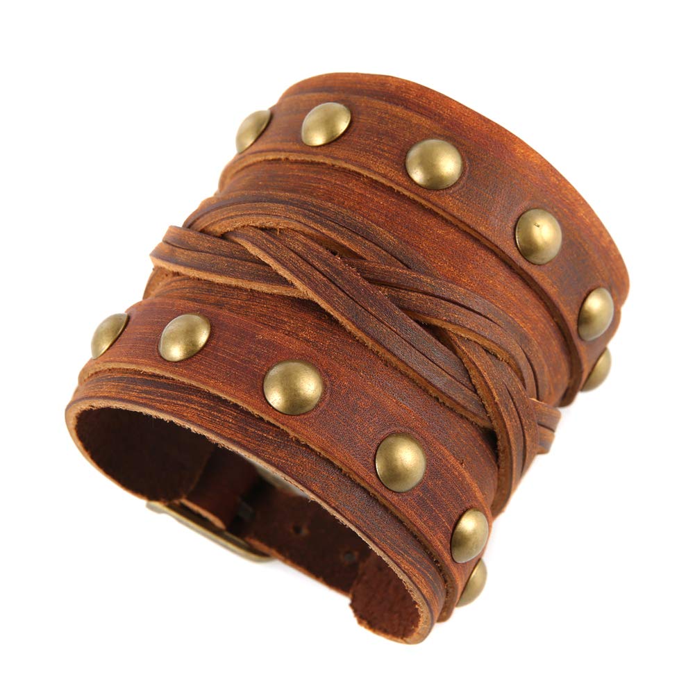 STWTR Men's Wide Cuff Wristband Punk Rock Motorbike Wide Belt Leather Bracelet (Brown-C)
